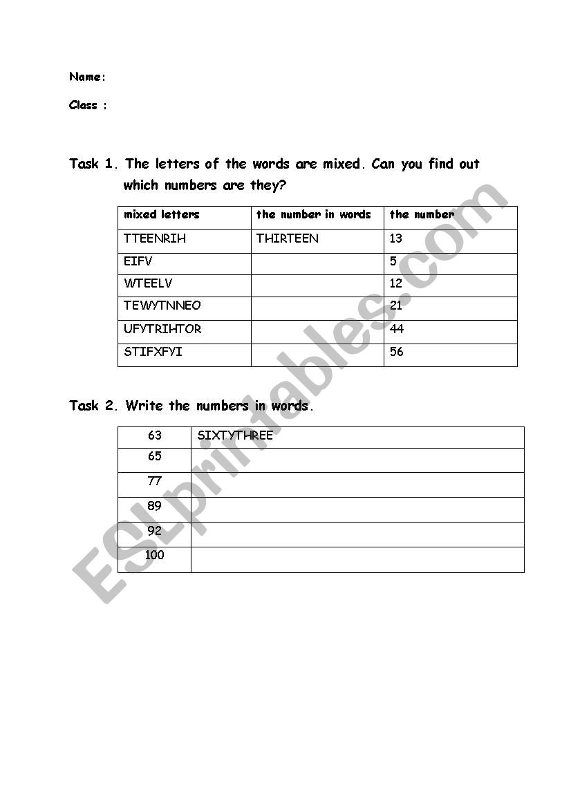 Numbers worksheet