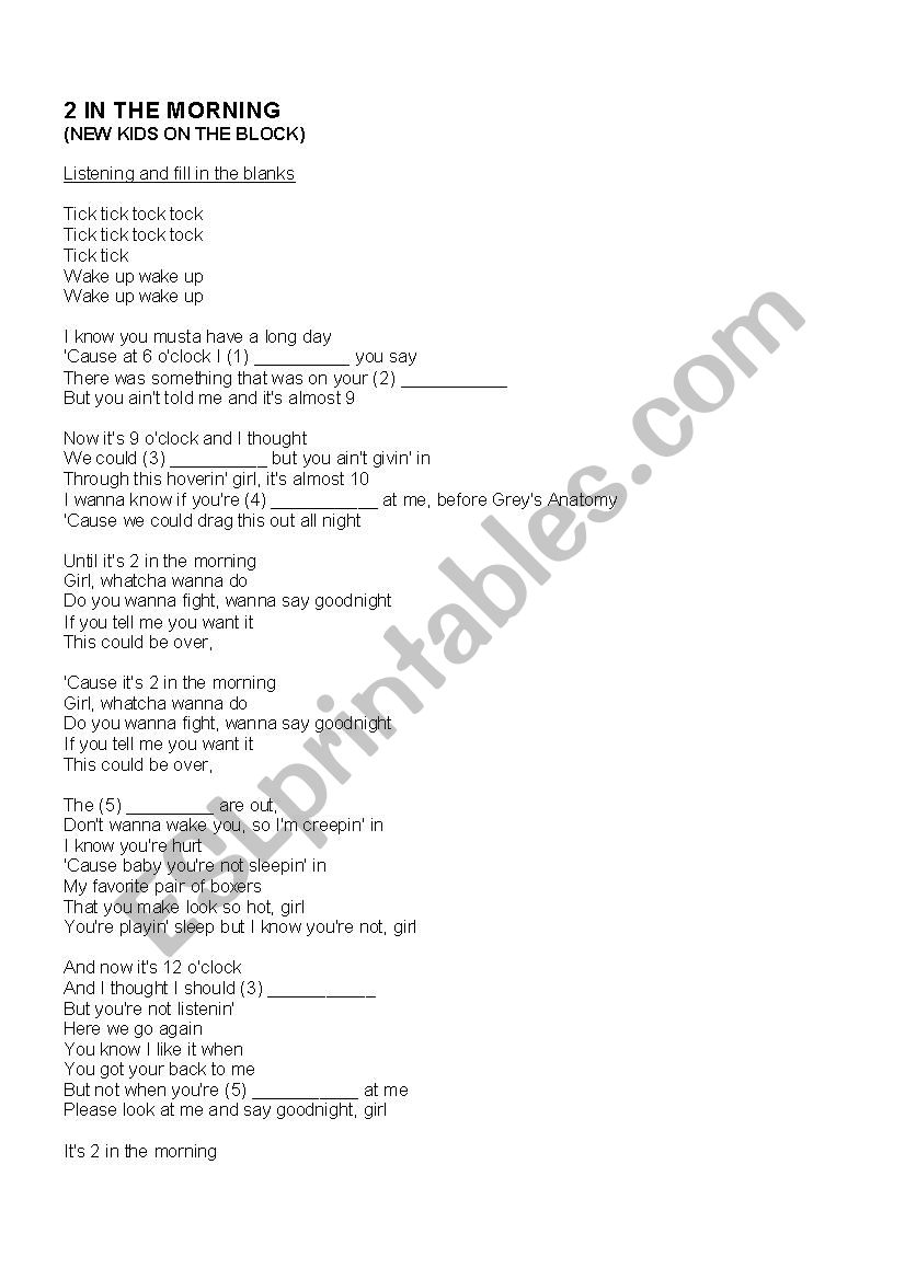 2 In the Morning song worksheet