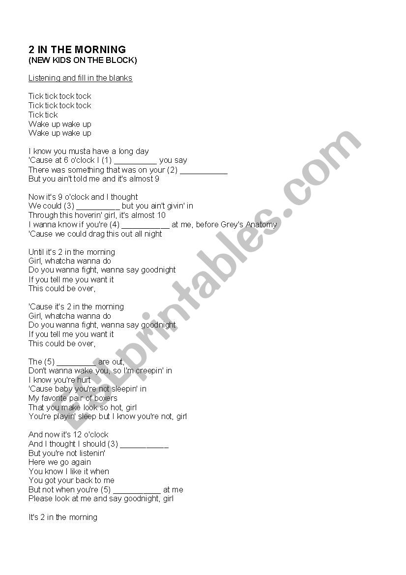 2 In the Morning song worksheet
