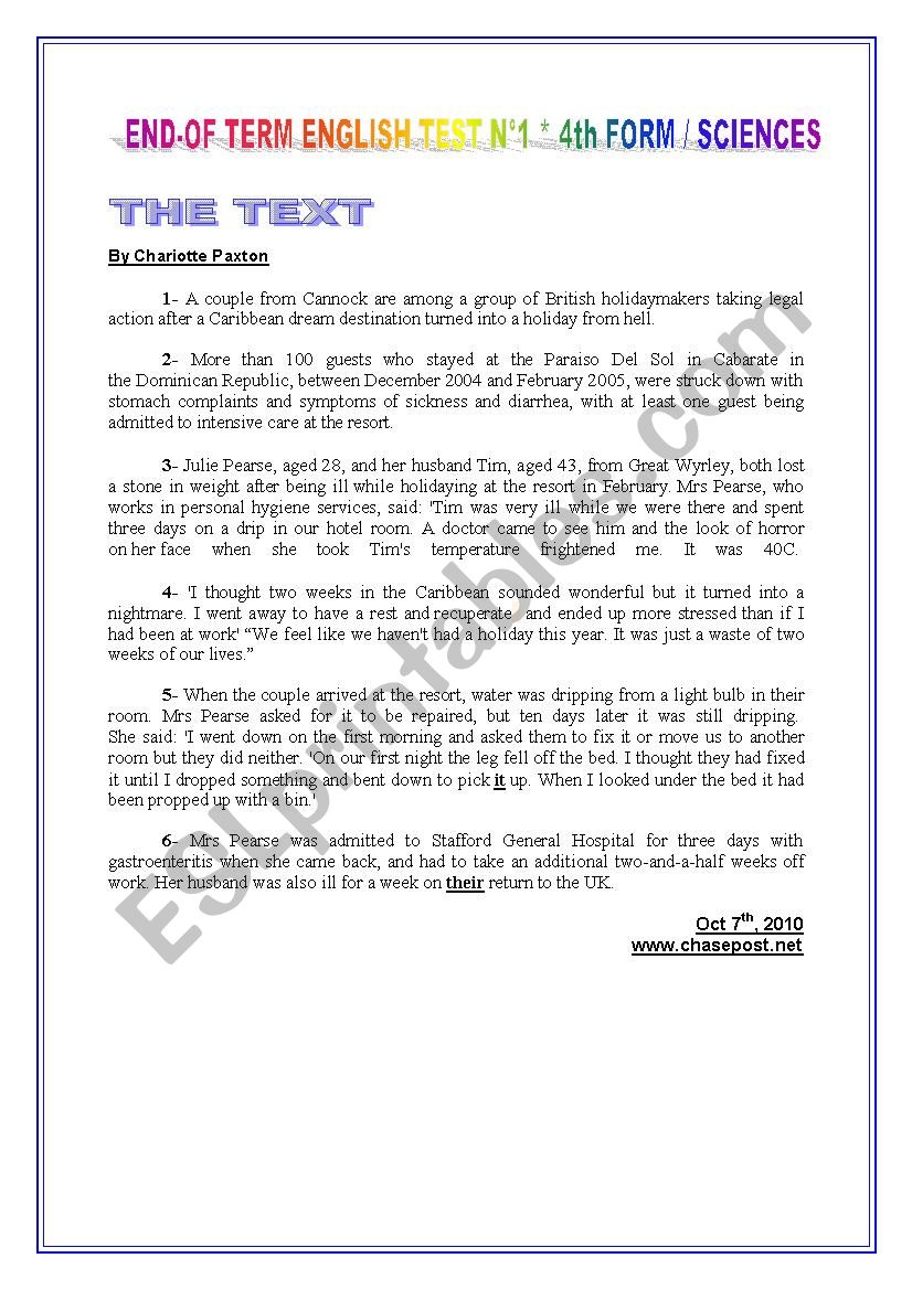 Full Term English Test N° 1 / 4th FORMERS - ESL worksheet by ftayma