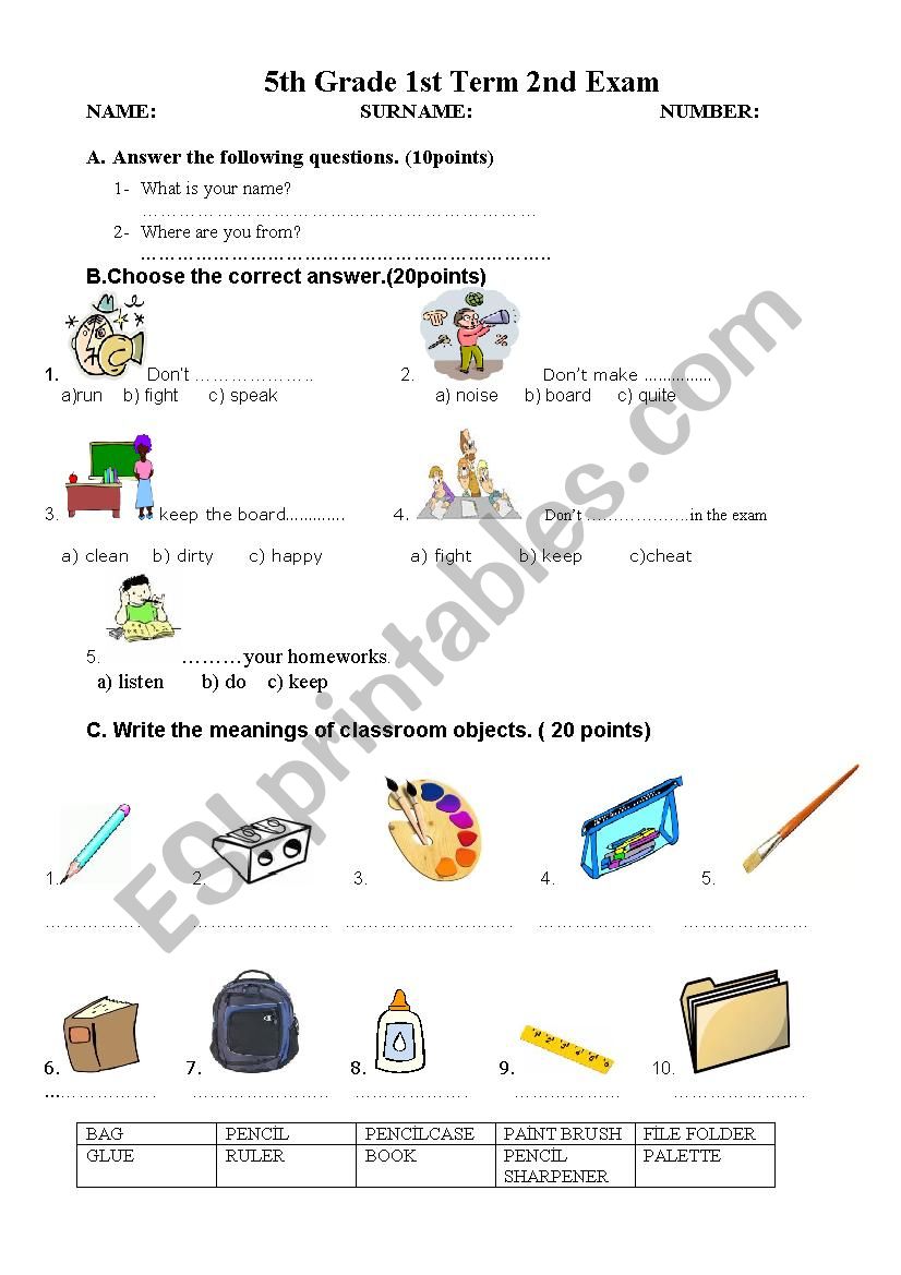 5th Grade Exam worksheet