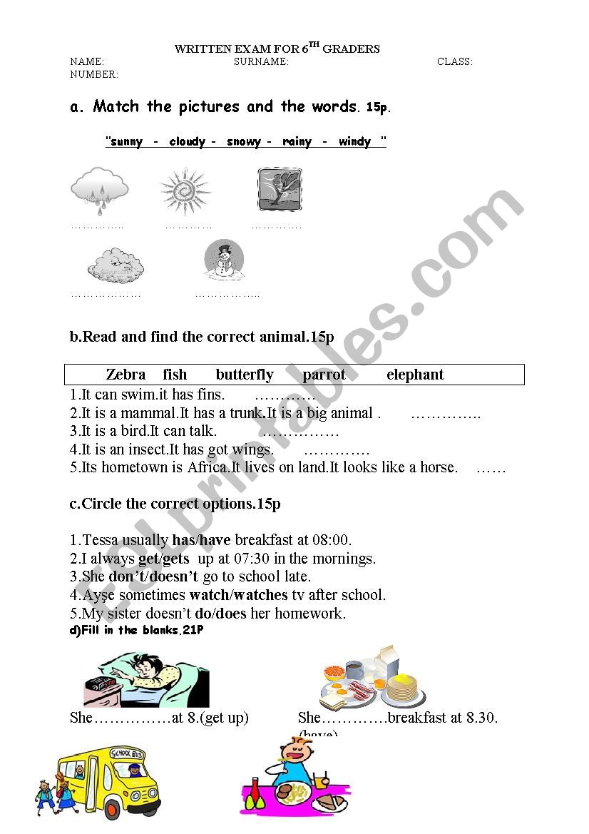 6th Grade Exam worksheet