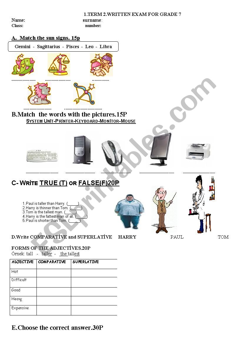 7th Grade 1st Term 2nd Exam worksheet