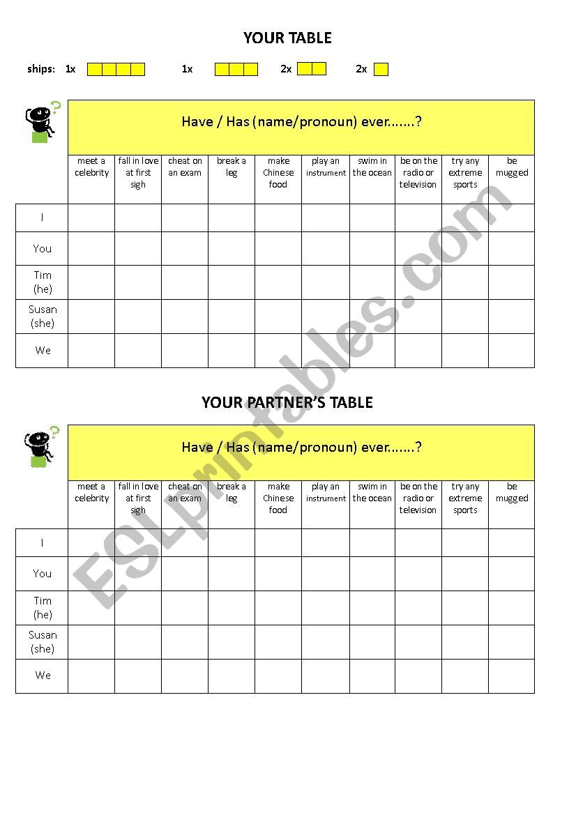 Have you ever...? battleship worksheet