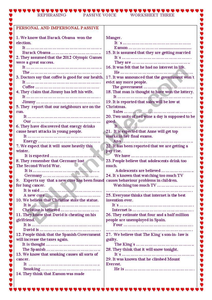 PERSONAL AND IMPERSONAL PASSIVE.  Third Worksheet