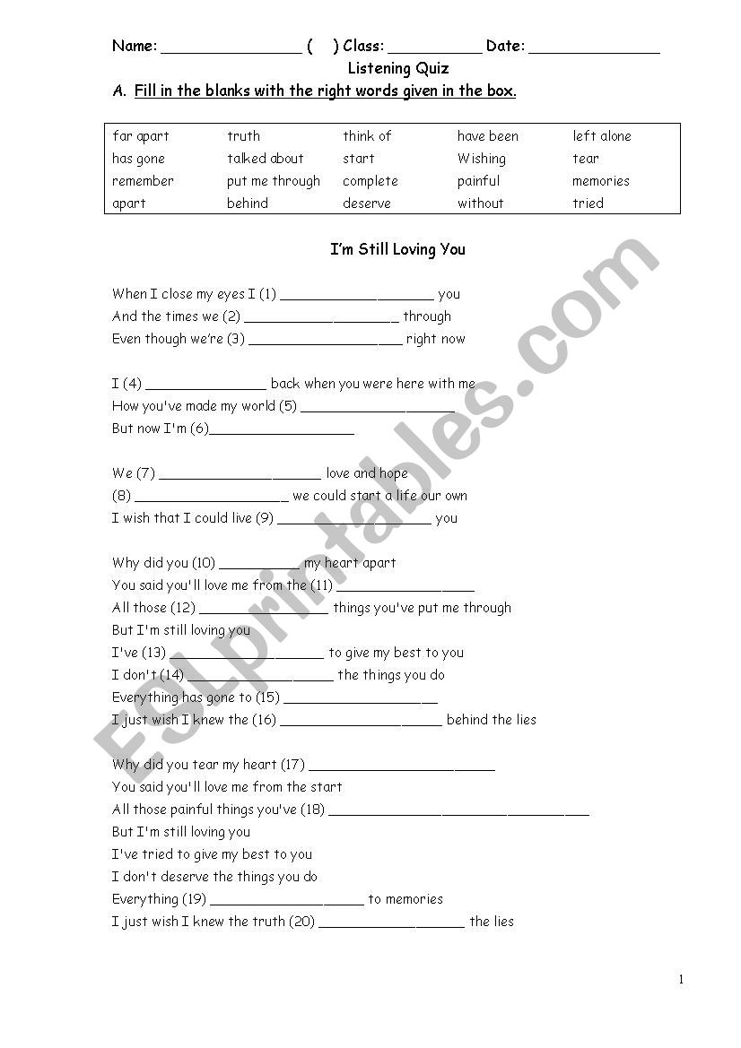Im still loving you worksheet