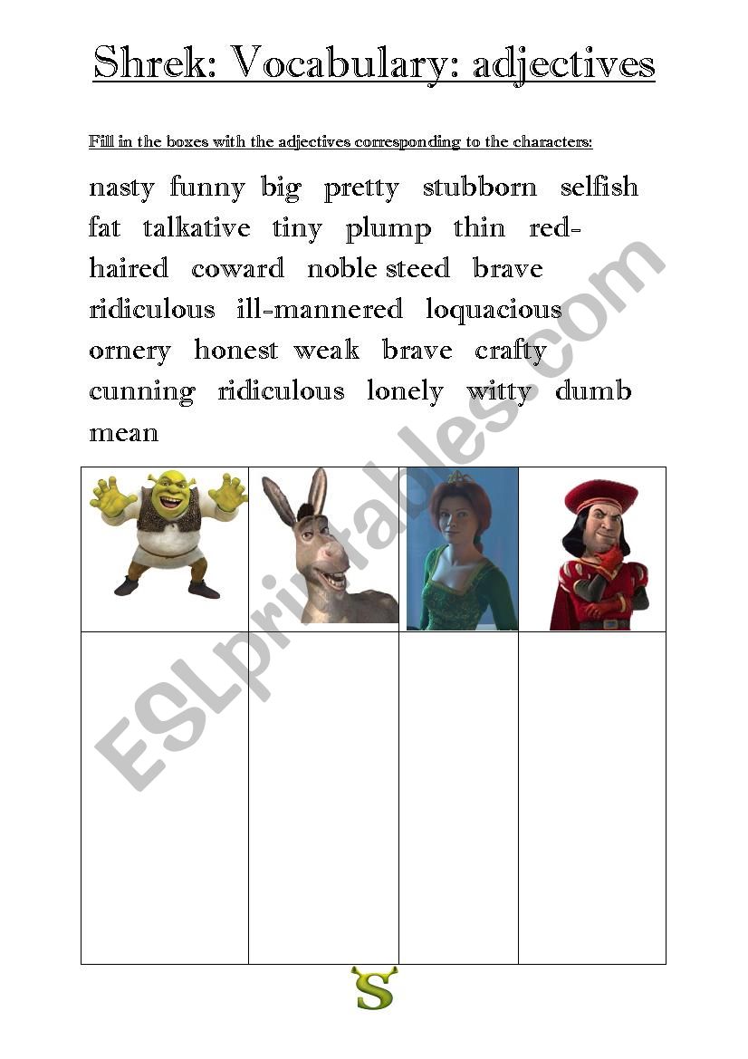 SHREK VOCABULARY ADJECTIVES worksheet