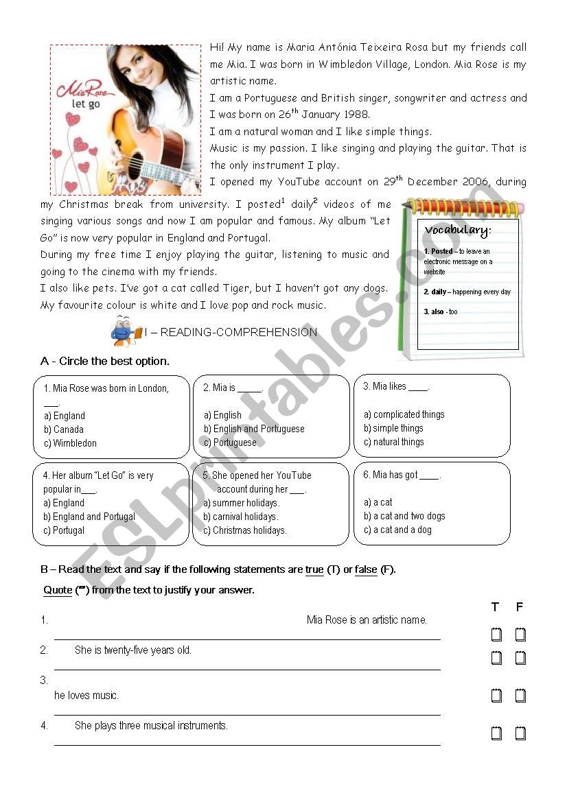 Test about Mia Rose - worksheet