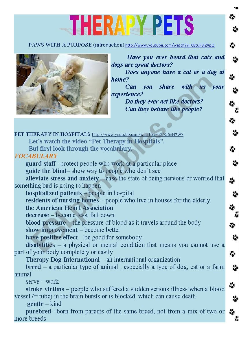Pet Therapy (Listening Comprehension (video) + Vocabulary + Exercises +Script + Answer Key)