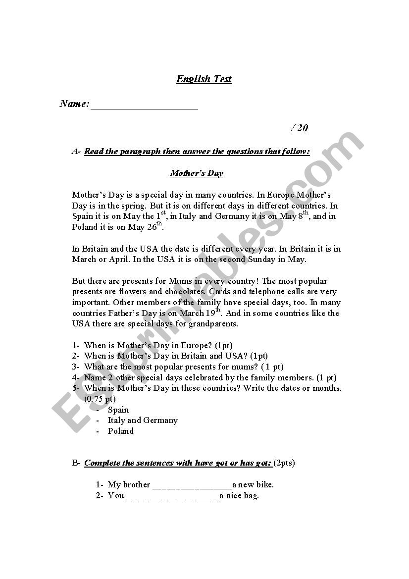 English Test worksheet