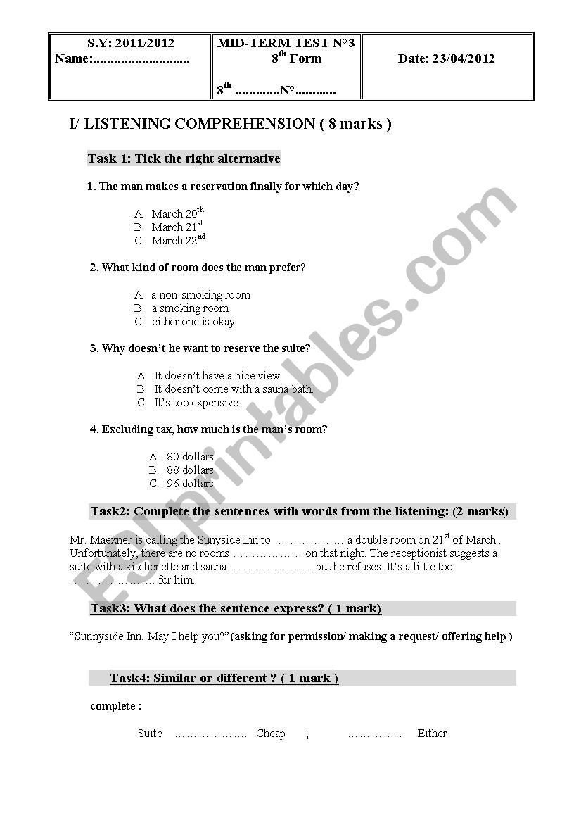 Mid-Term Test 3 worksheet