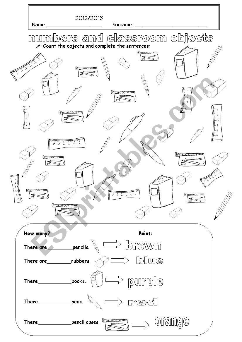 Classroom objects and numbers worksheet
