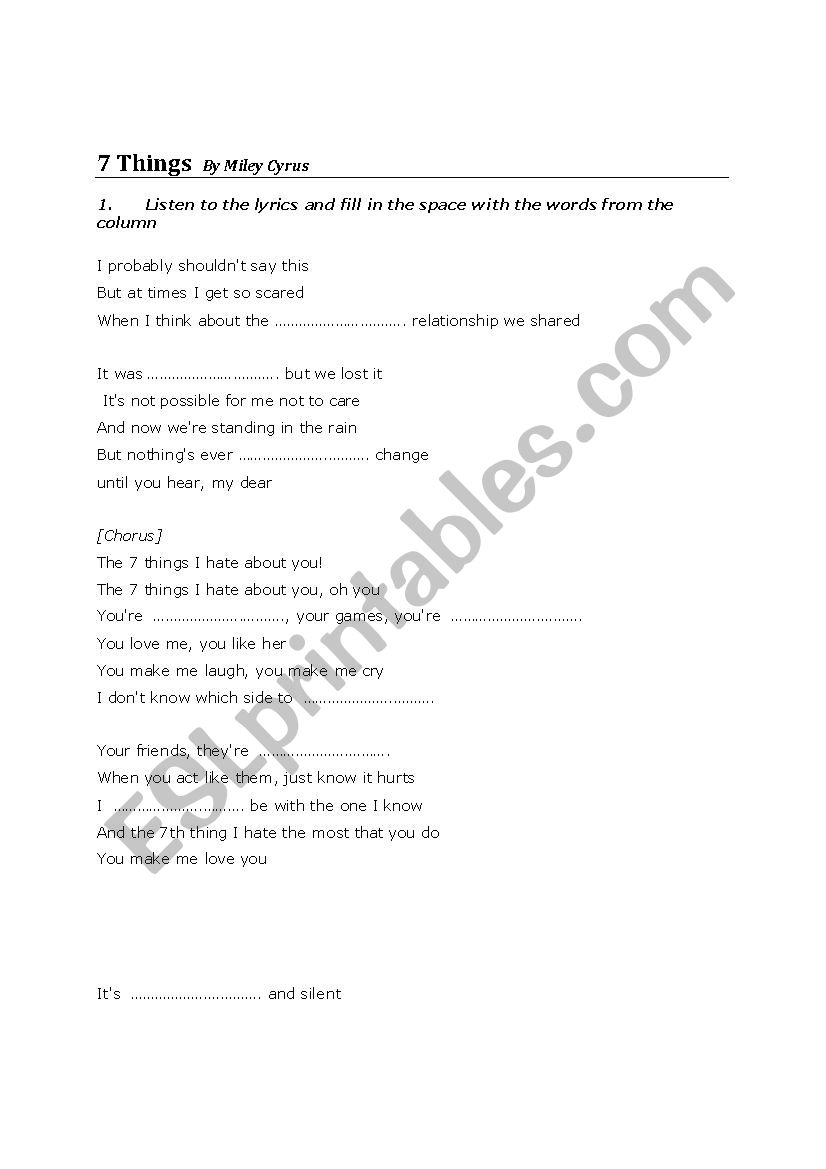 seven things worksheet