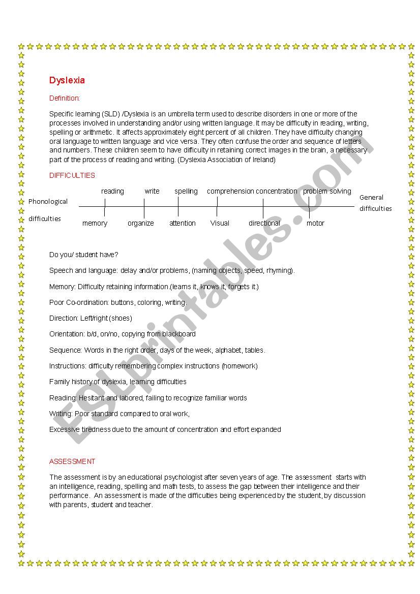 DYSLEXIA worksheet DYSLEXIA worksheet