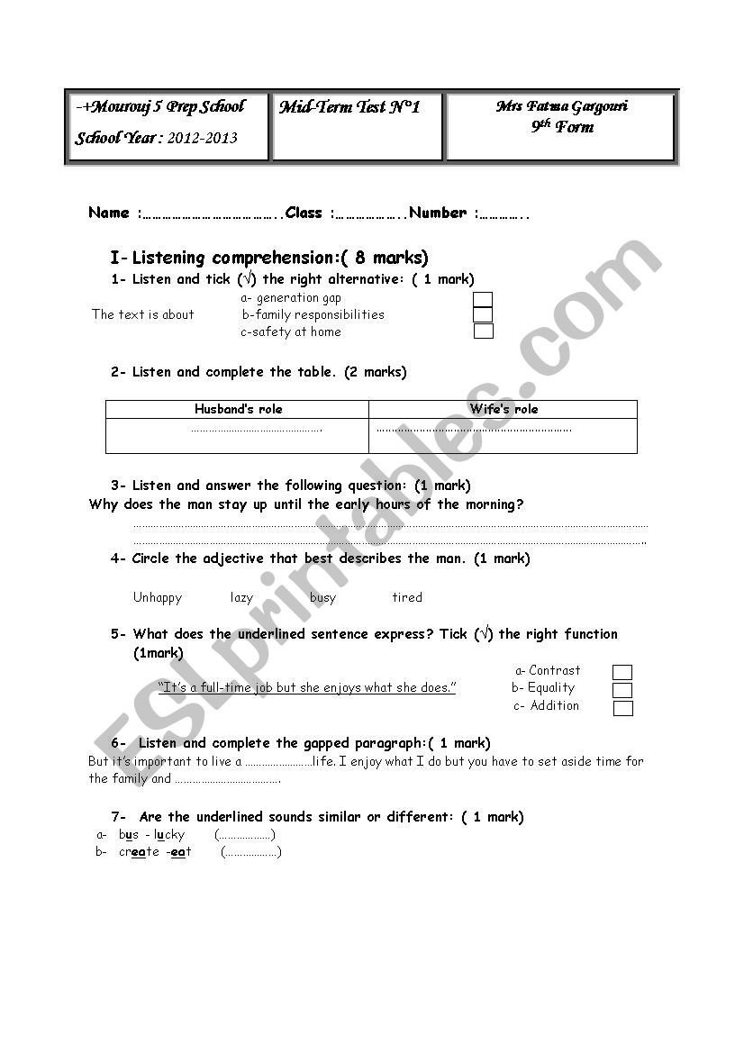 9th form test worksheet
