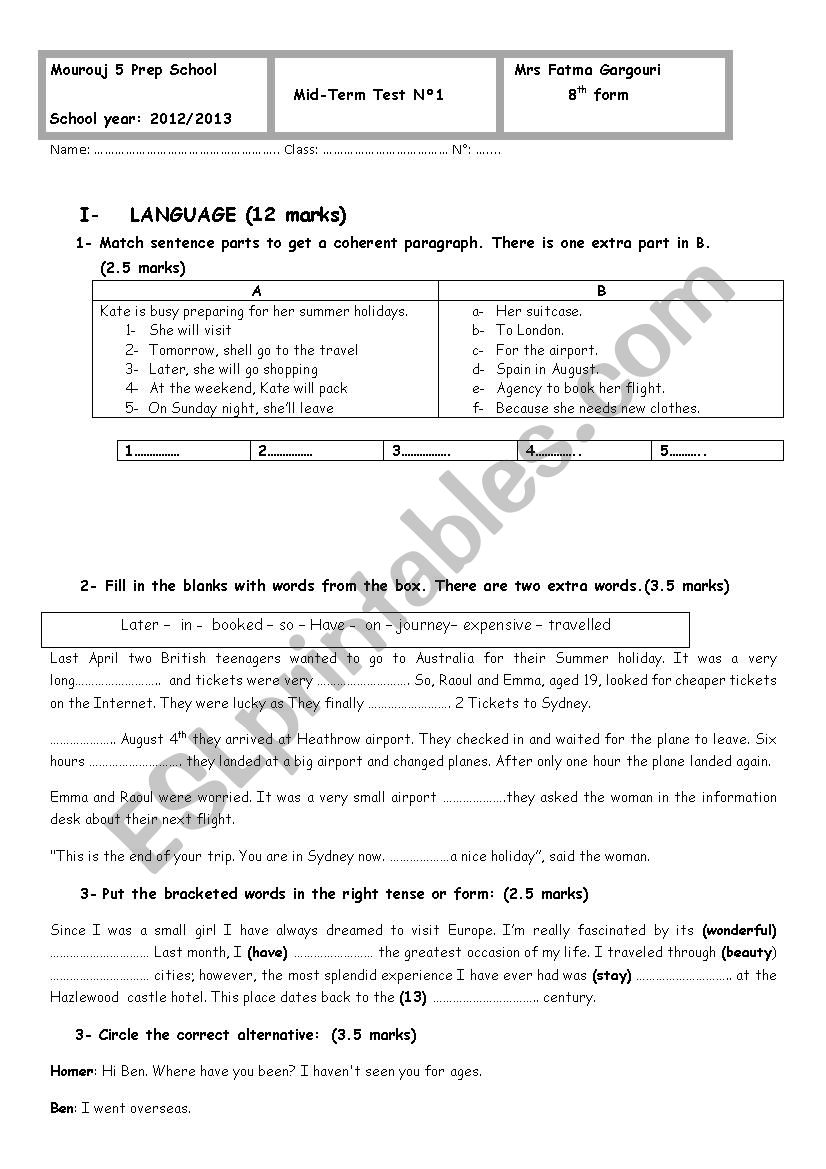 8th form test worksheet