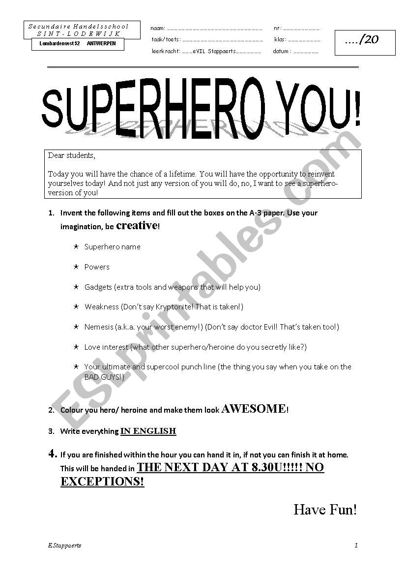 Superhero you worksheet