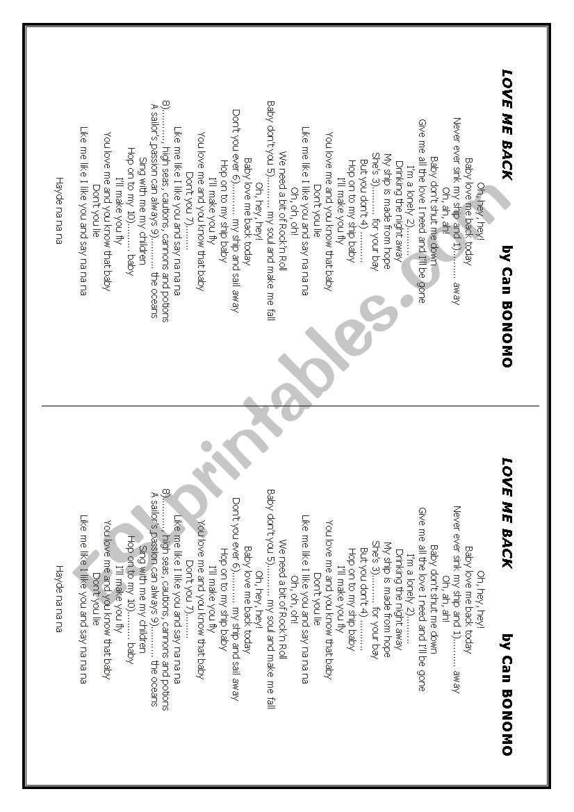 Love me Back Song worksheet