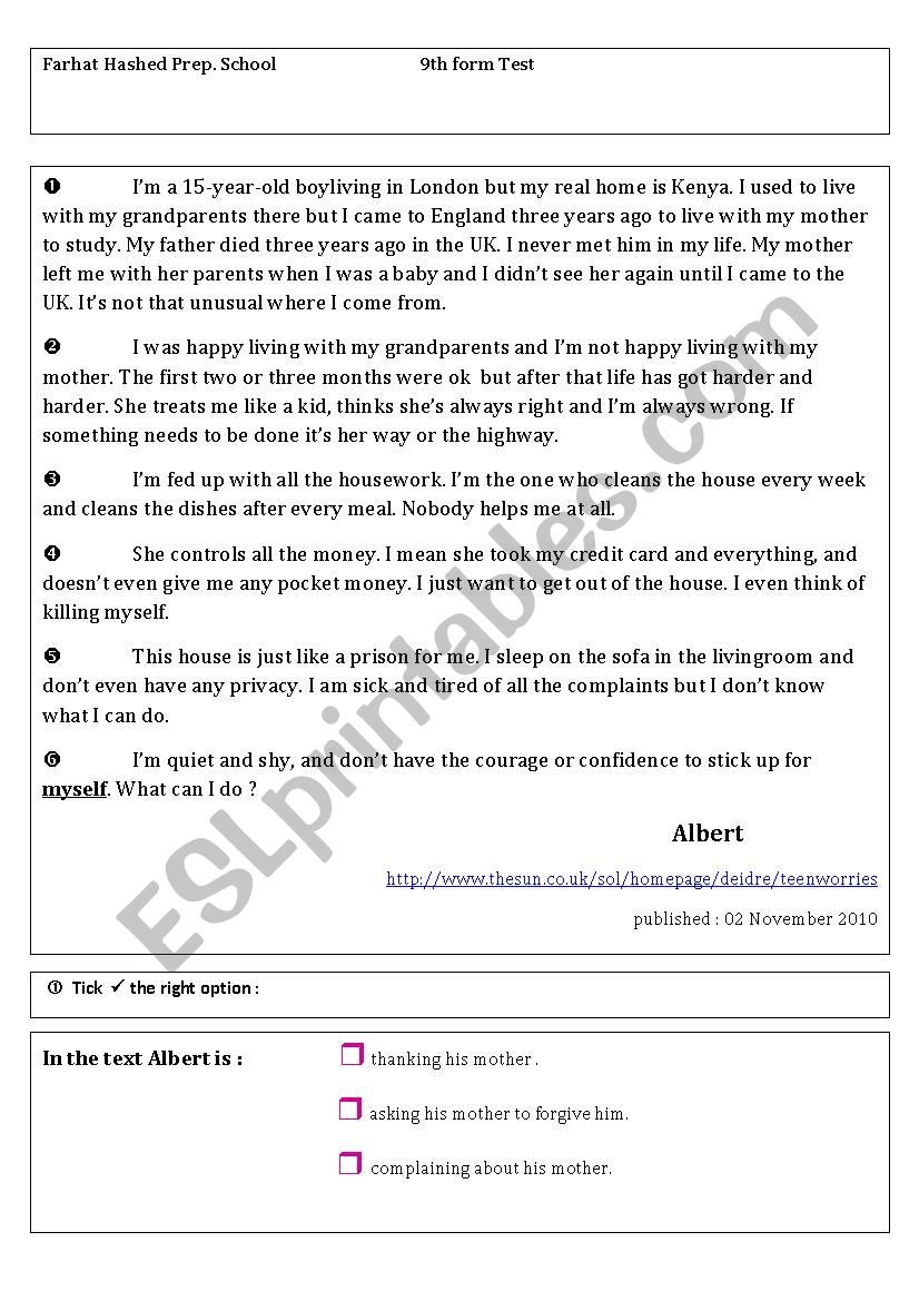 English test n- 2 -9th form worksheet