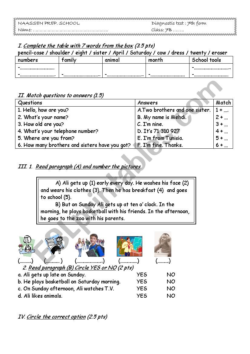 Diagnostic test : 7th form worksheet
