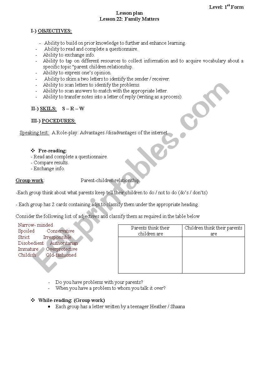 Lesson Plan Lesson 22 Family Matters  for 1st year