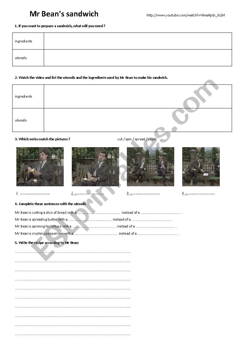 Mr BeanÂ´s sandwich worksheet