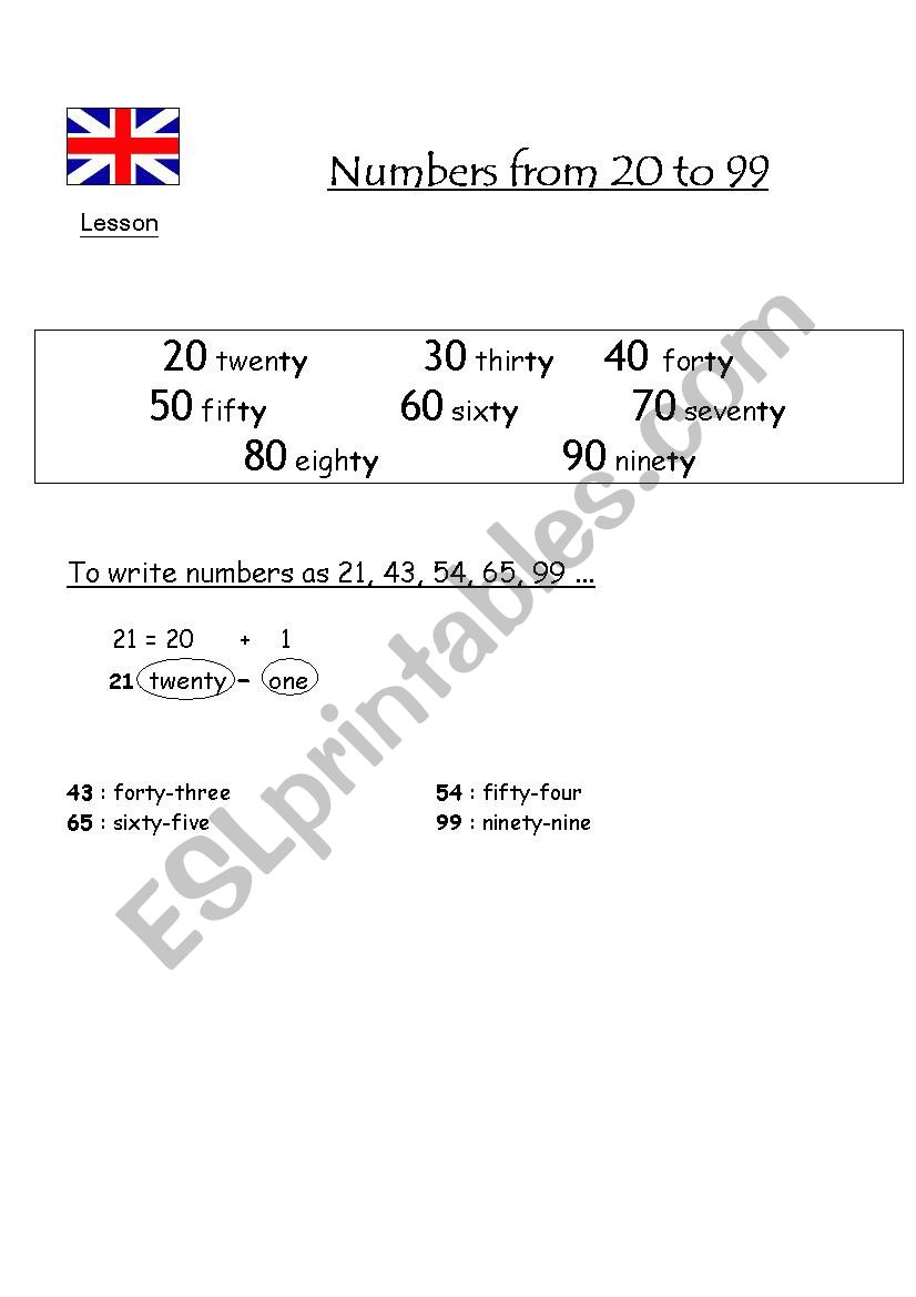 numbers from 20 to 99 worksheet