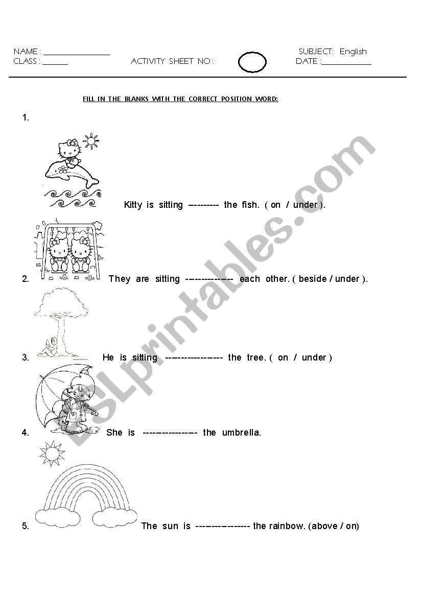 POSITION WORDS worksheet