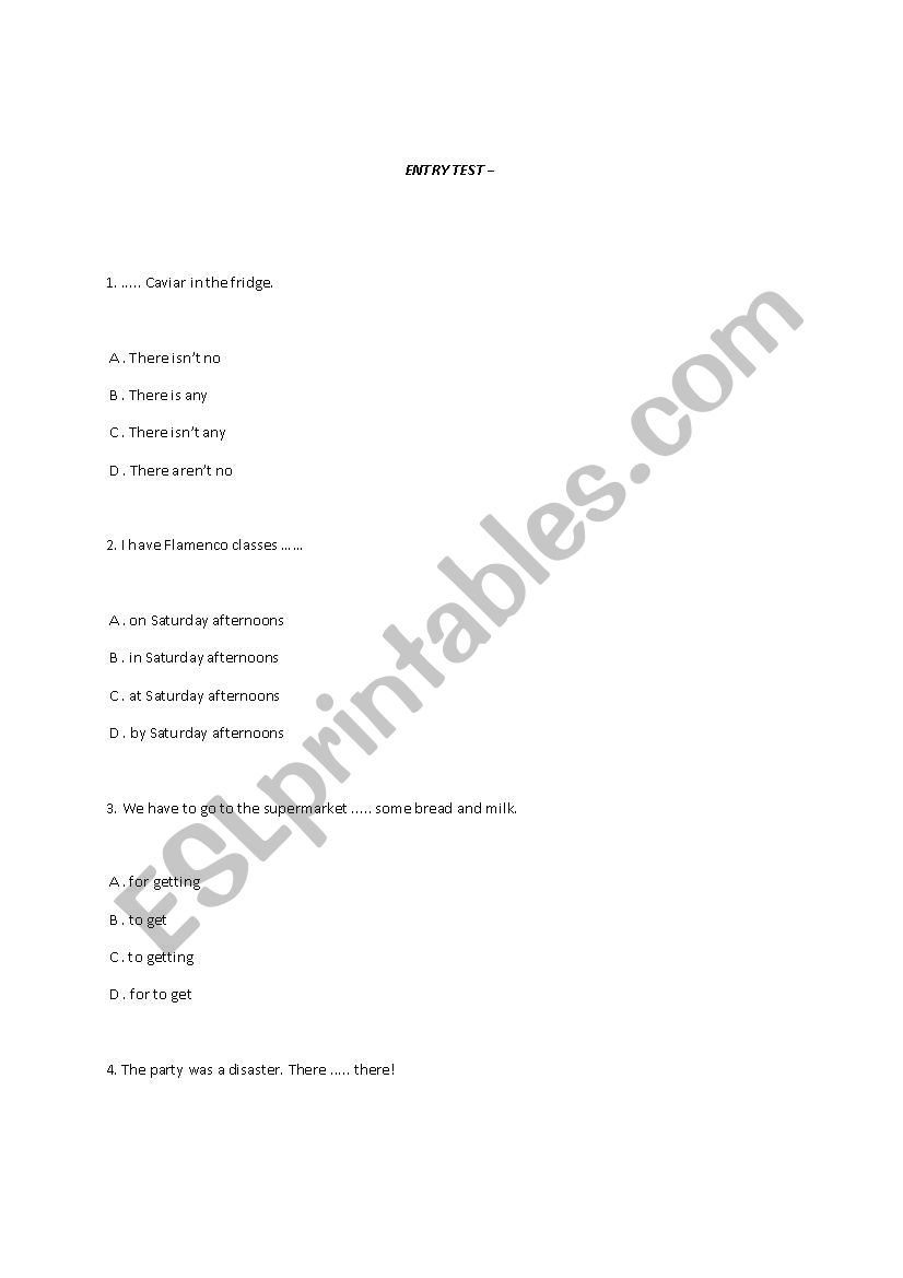 entry test worksheet