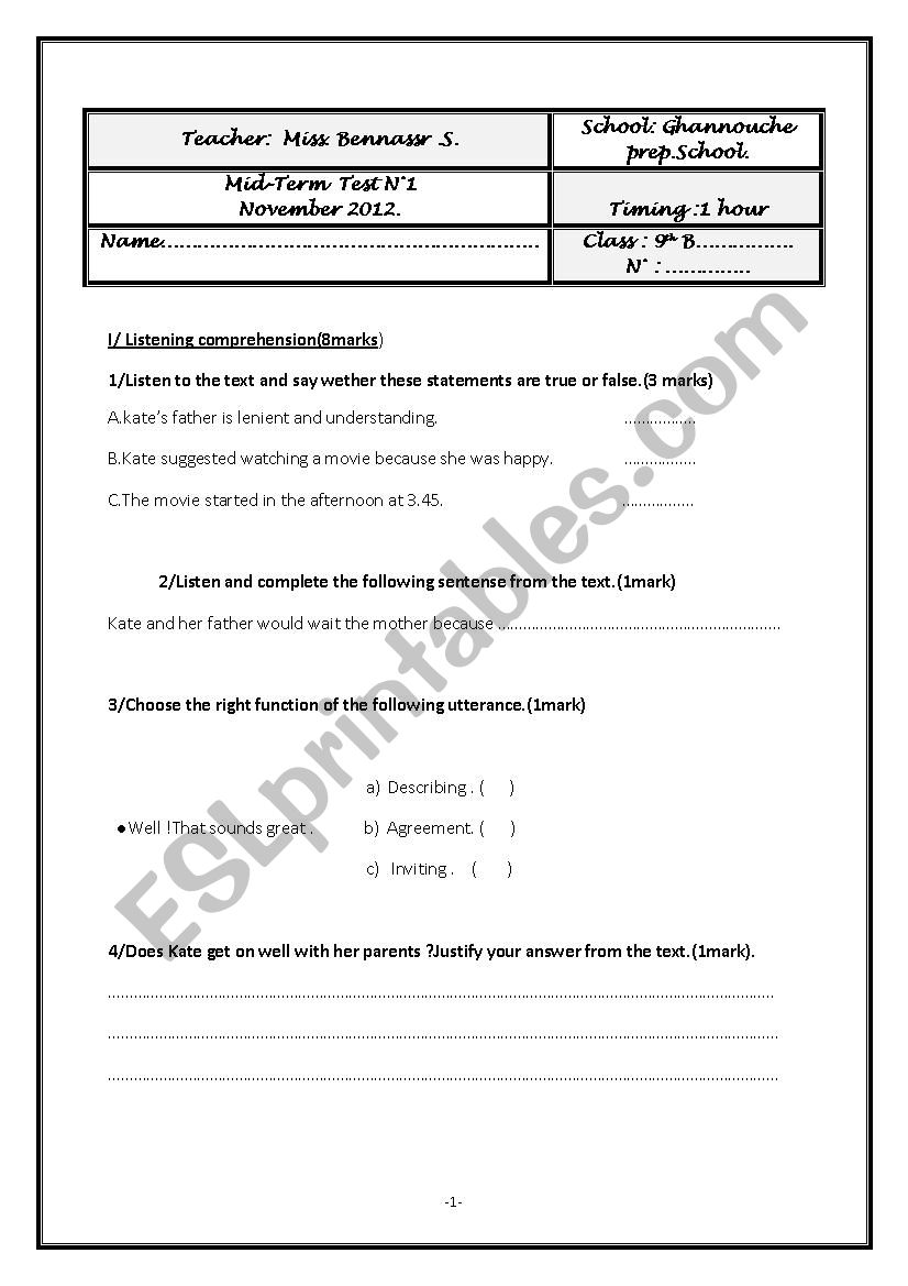 mid term test 1.9 th form worksheet