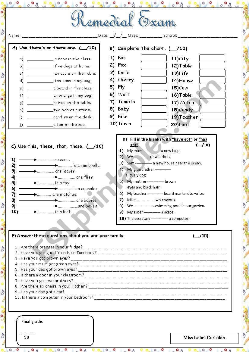 remedial exam worksheet