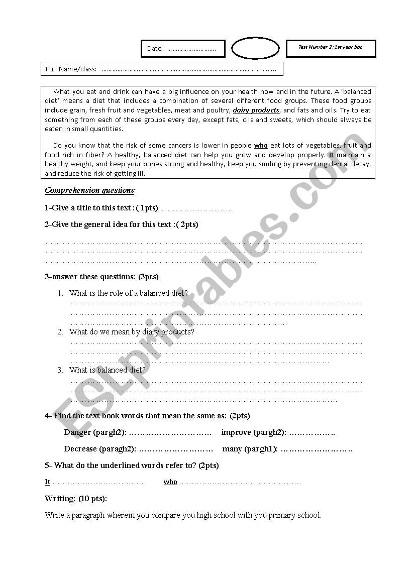 test: reading and writing worksheet