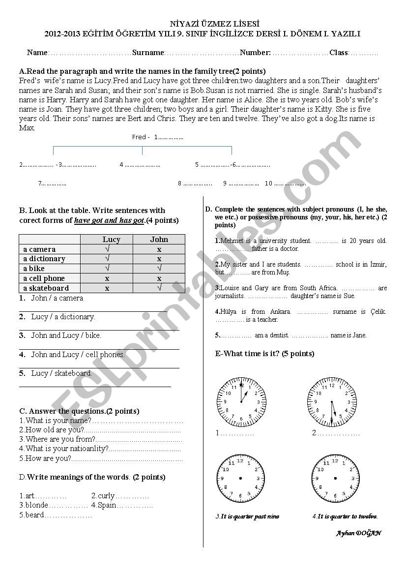 9th grades exam a1.1 level worksheet