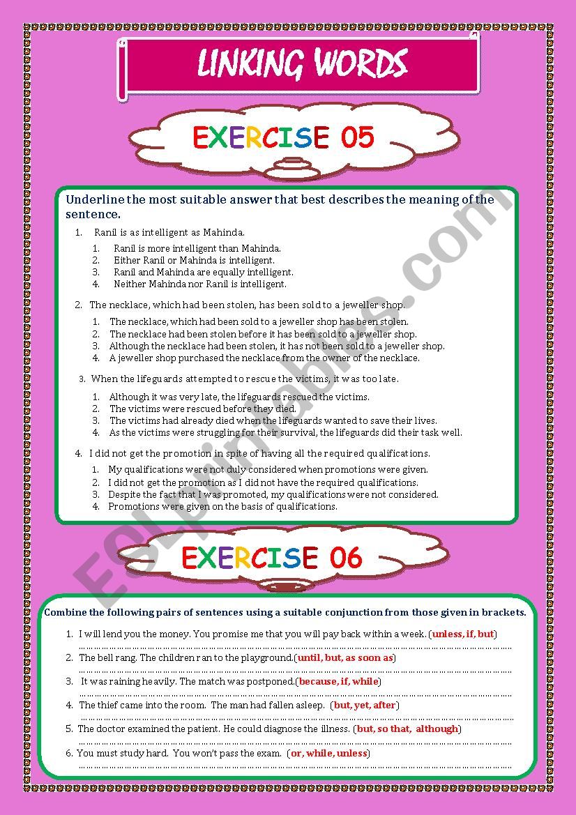 LINKING WORDS Exercises   5, 6, & 7 (Key included)