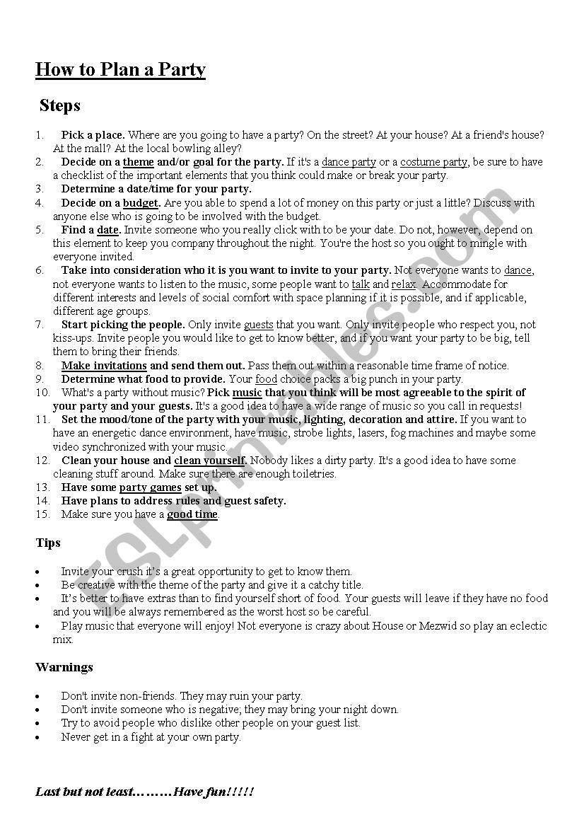 How to plan a Party worksheet