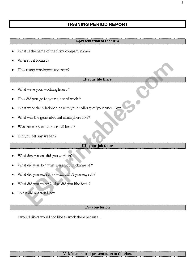 Training period report worksheet