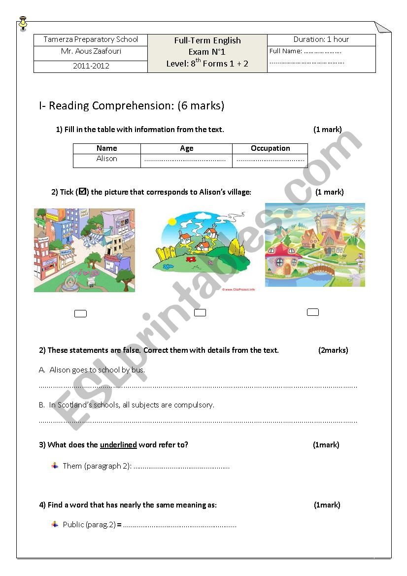 8th Grade Exam (1st term) worksheet