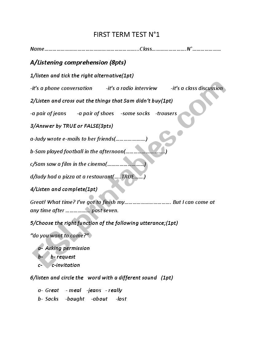 First term test 8th form worksheet