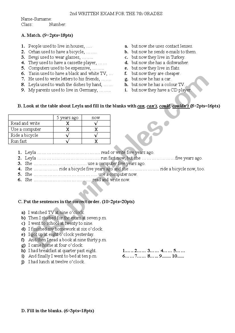 7th Grade Exam worksheet