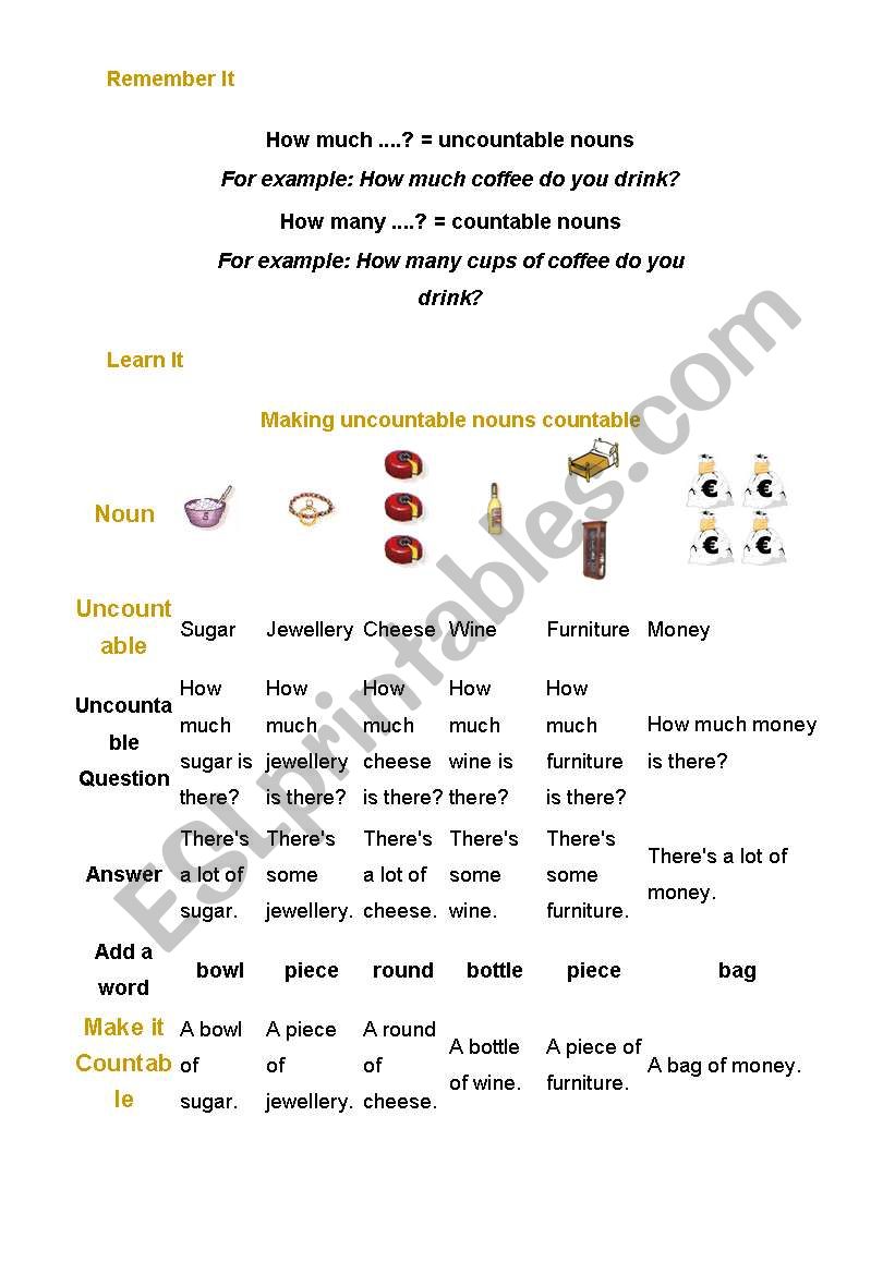 uncountables worksheet