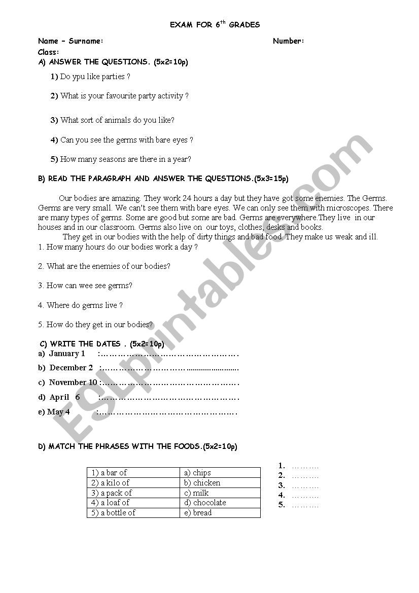 6th Grade Exam worksheet