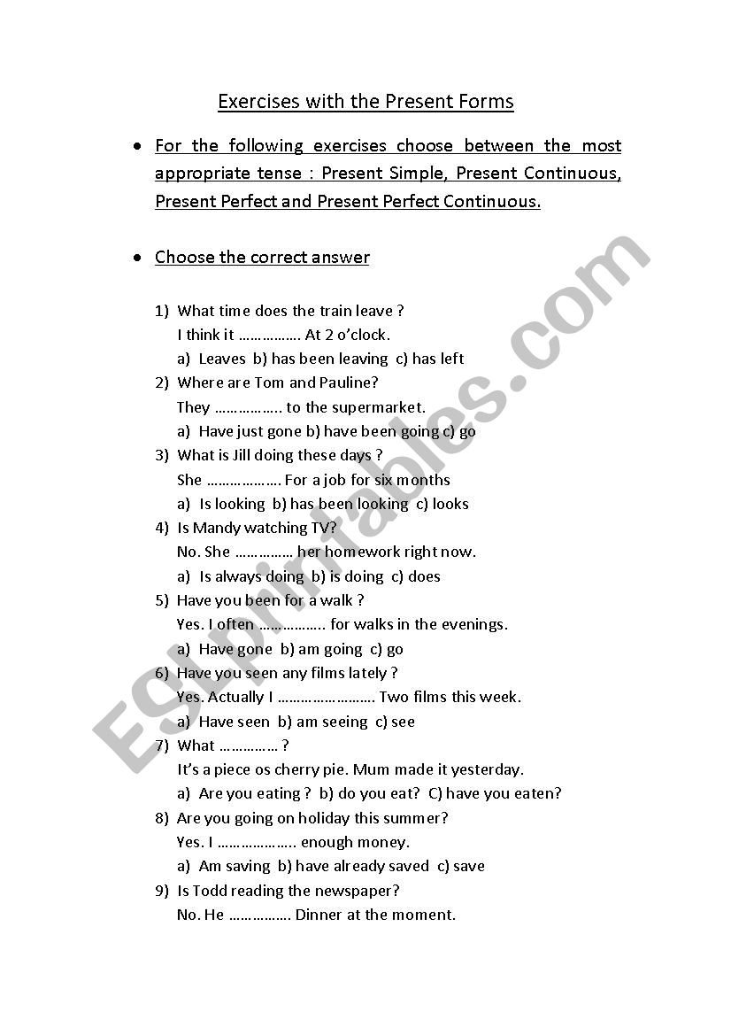 PRESENT FORMS EXERCISES worksheet