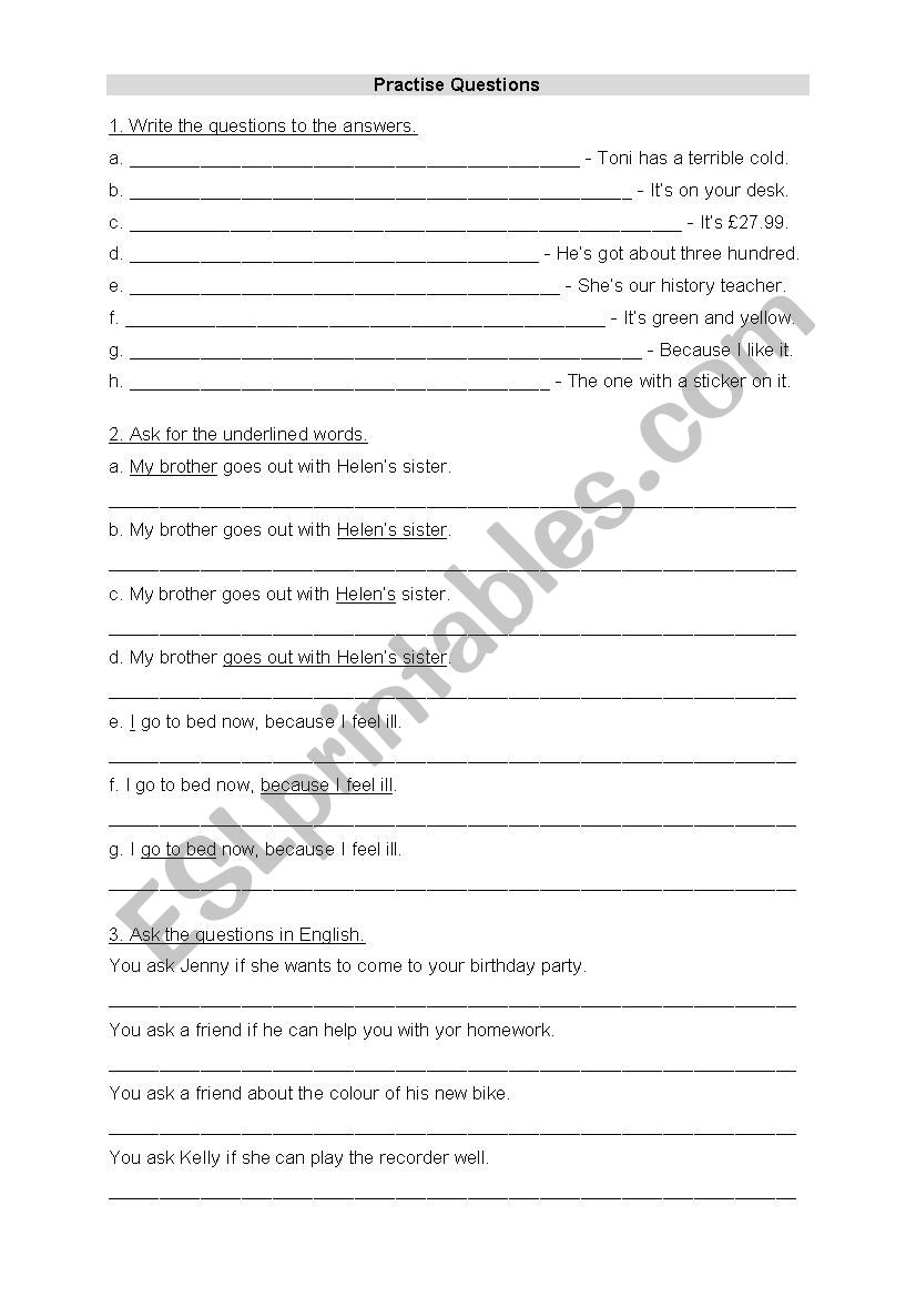 Practise questions worksheet