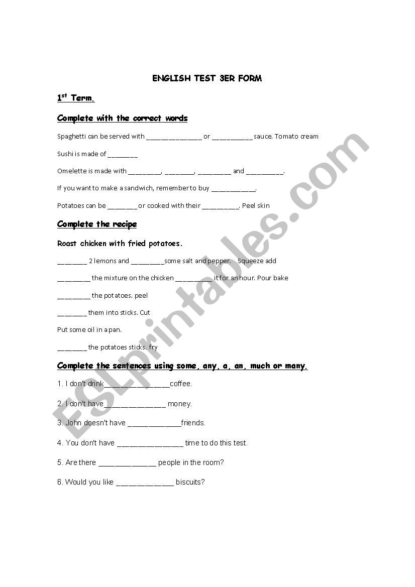 food worksheet
