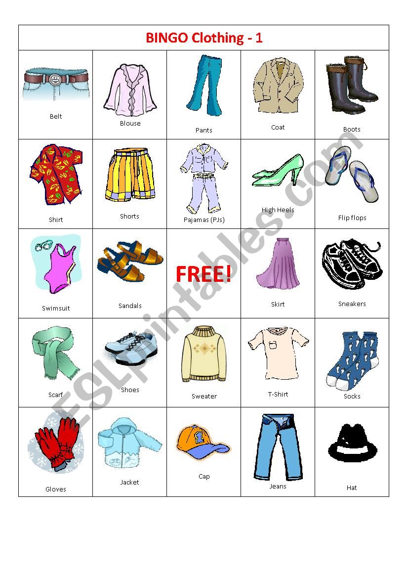 BINGO Clothing worksheet