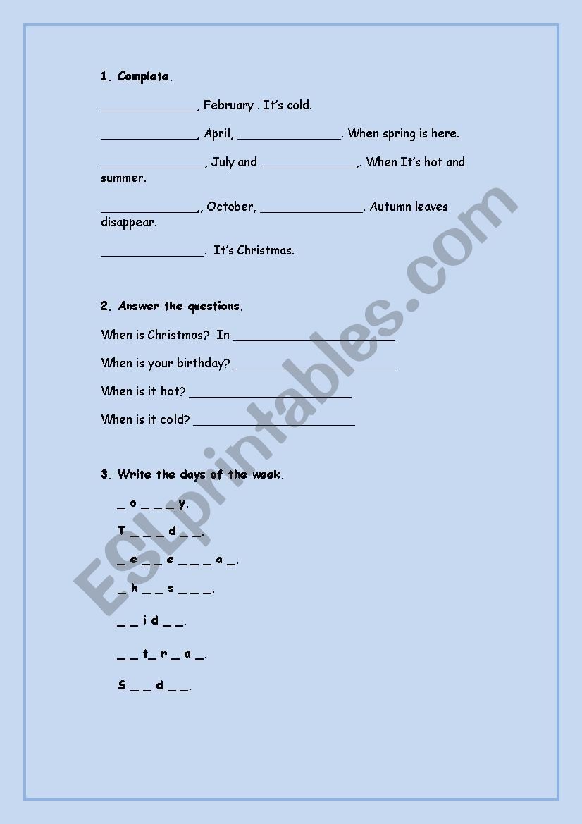 Months, seasons and days. worksheet