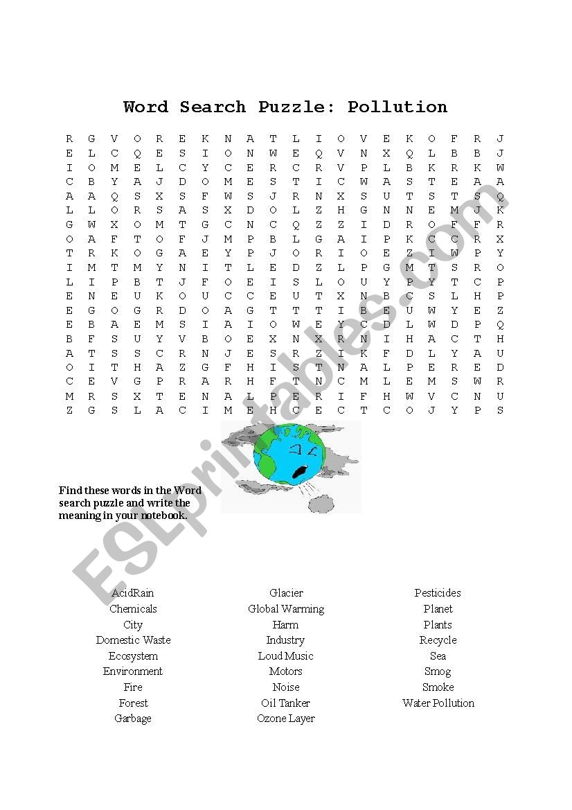 Nature and Pollution Word Search Puzzle