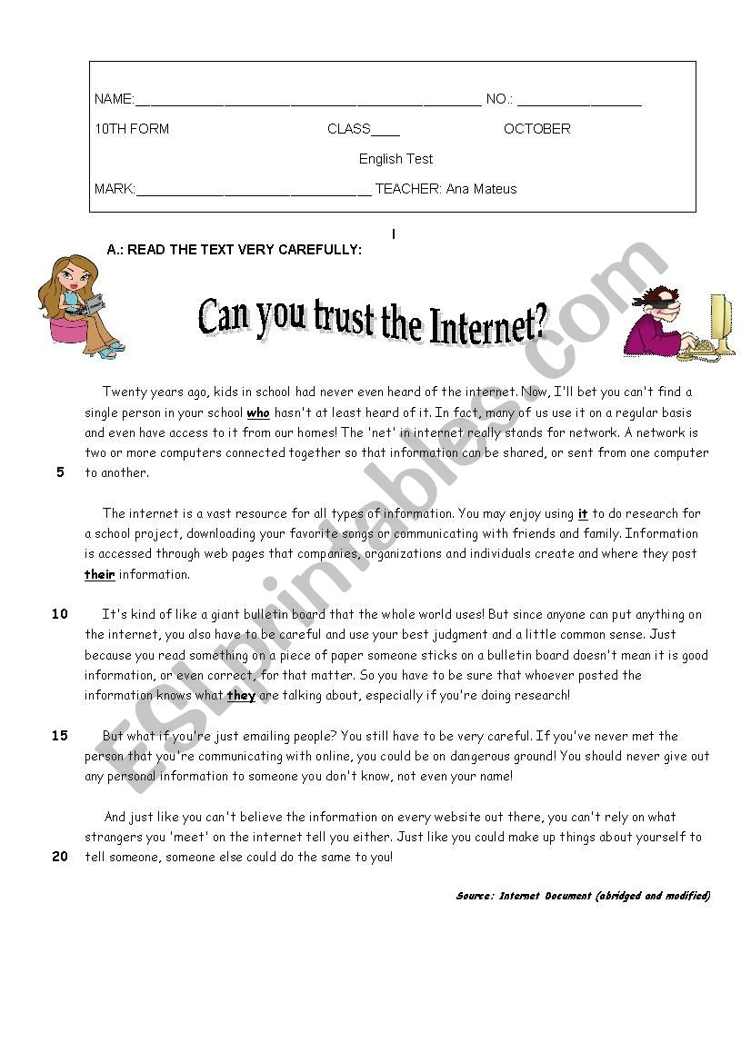 Test 10th grade - computers worksheet