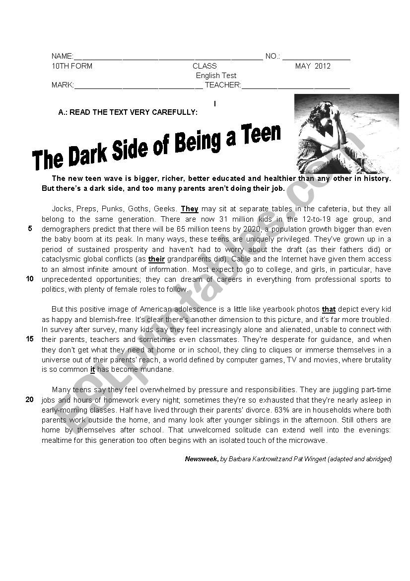 Test 10th on teens worksheet