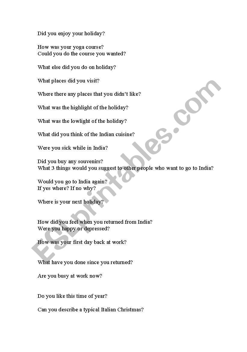 Holiday questions worksheet